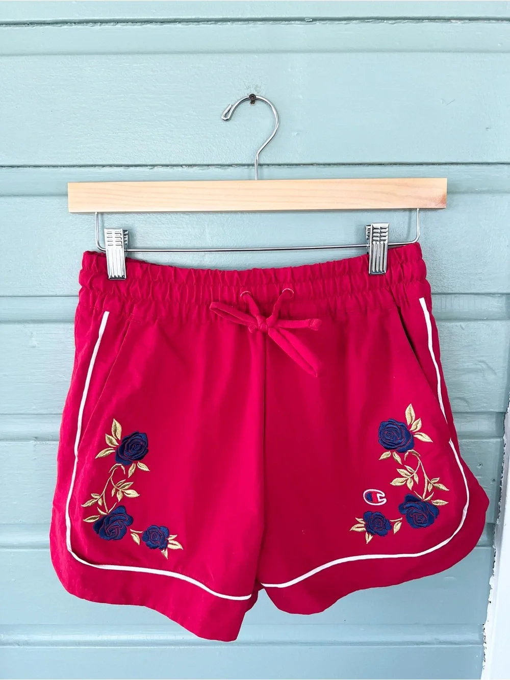 Champion goalkeeper shorts red blue rose embroidery pull on elastic size XS